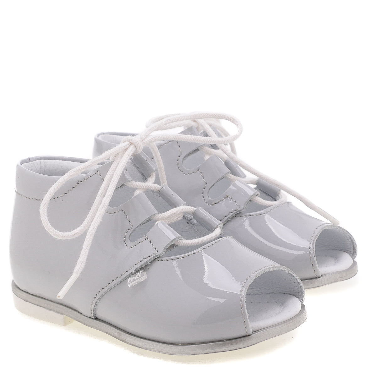 Emel Ice Gray Patent Lace-Up Peep Toe Sandal